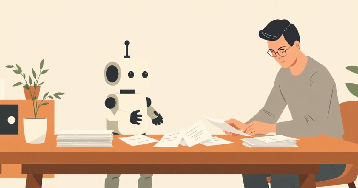 A simple friendly abstract robot shape helping sort household papers on a table, a couple nearby.