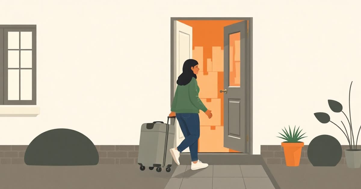 Two suitcases arriving at one front door, moving boxes inside.