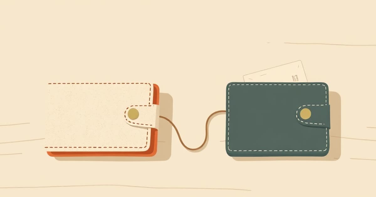 Two separate wallets of different colours on a table, both connected by a thin string to one shared folder.