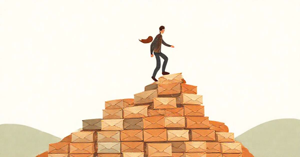 A couple climbing a small hill of stacked envelopes together, holding hands.