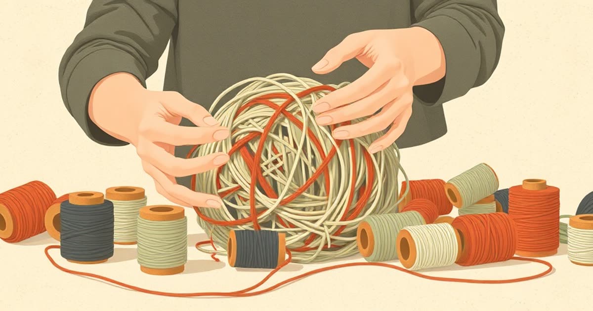 A person sorting a tangled ball of thread into neat separate spools.