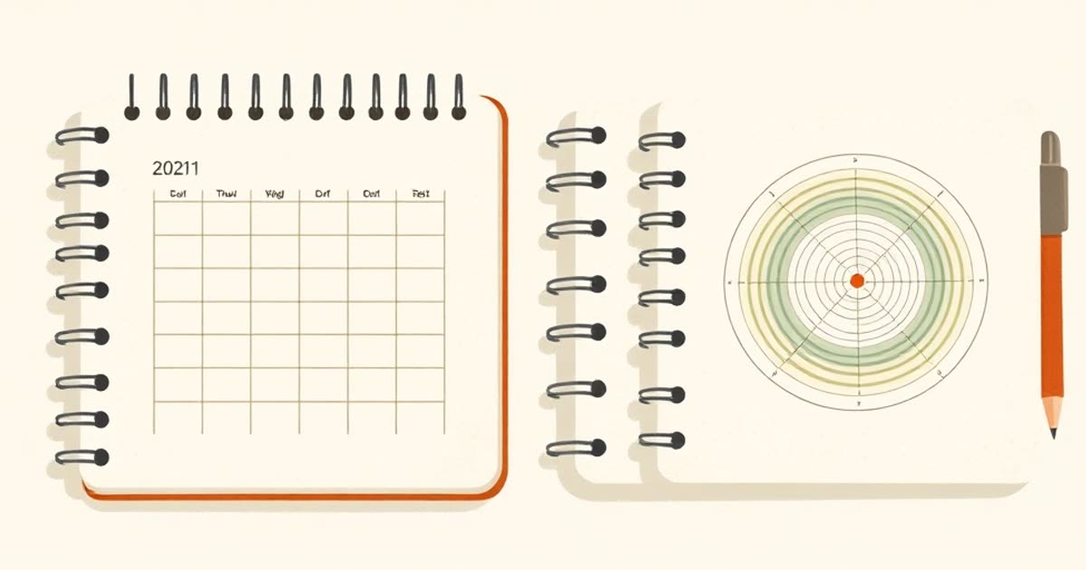 Two different notebooks side by side, one a calendar and one with a ring chart.