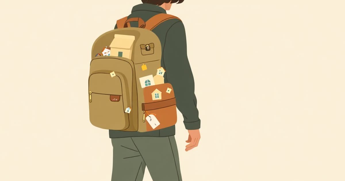 A person carrying an invisible heavy backpack full of tiny household icons while partner walks beside.