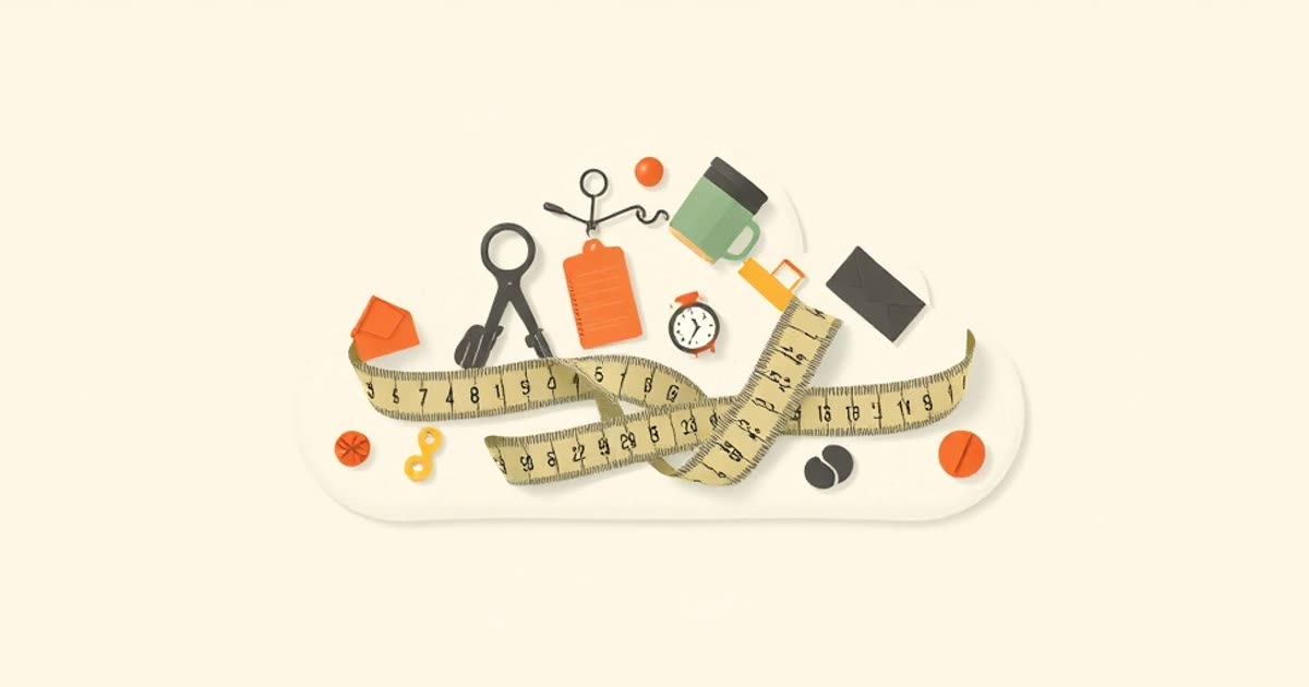 A measuring tape wrapped gently around a cloud shape made of small household objects, keys, cup, toy, envelope.