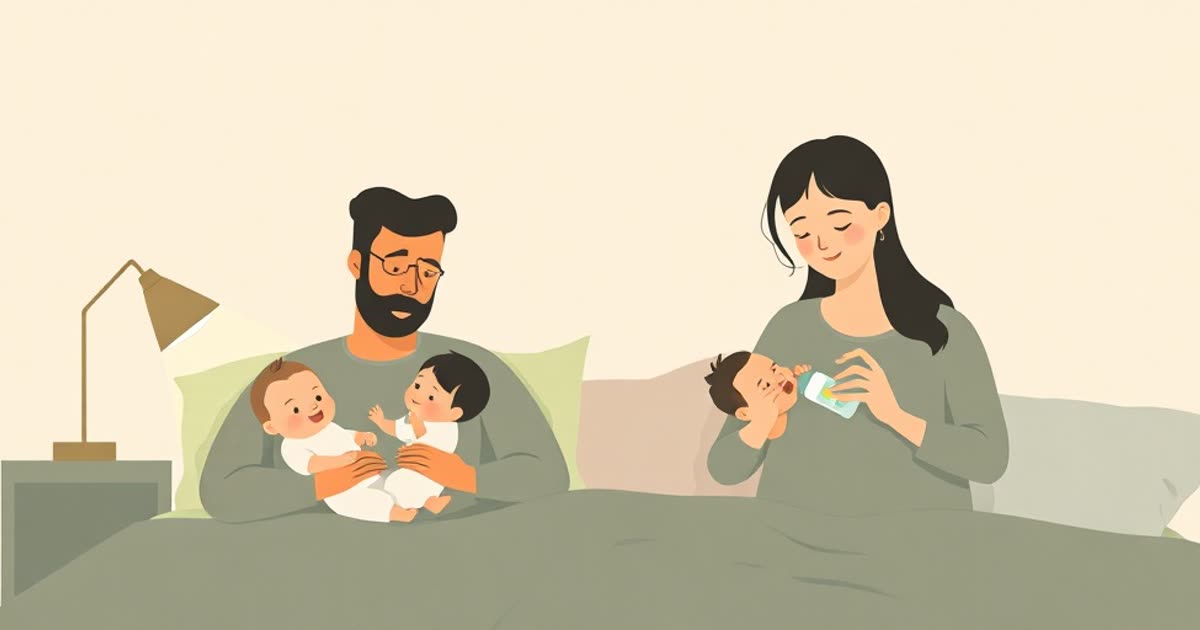 Two parents at night, one rocking a baby, one preparing a bottle, nursery lamp glowing.