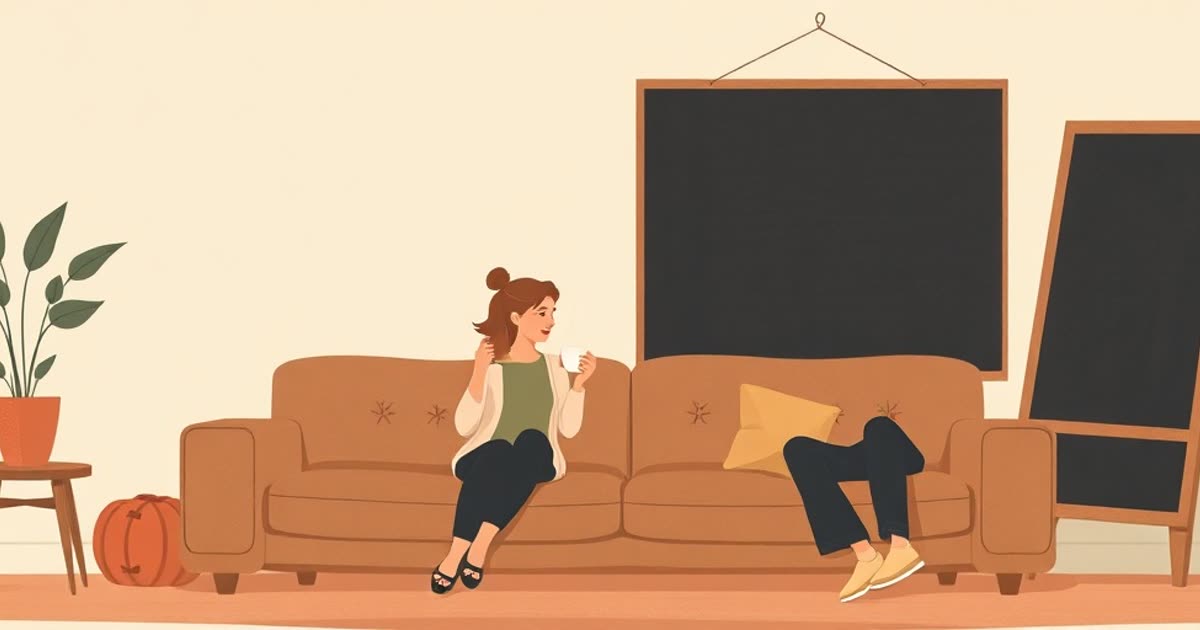 A couple sharing tea on a sofa while a blank chalkboard leans forgotten against the wall.