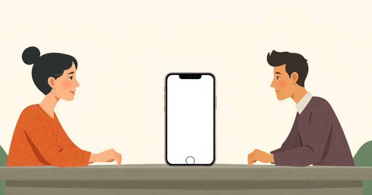A phone with a blank screen placed between two people on a table like a neutral referee.