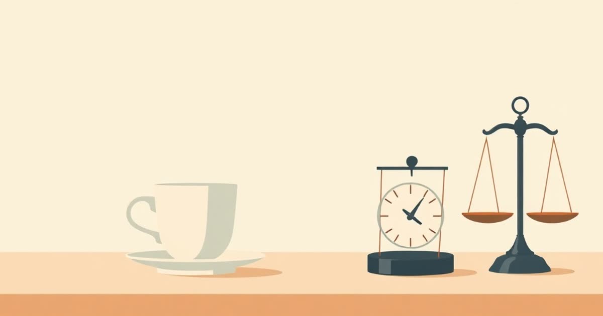 Two separate objects on a table, a pair of coffee cups facing each other and a small balance scale.