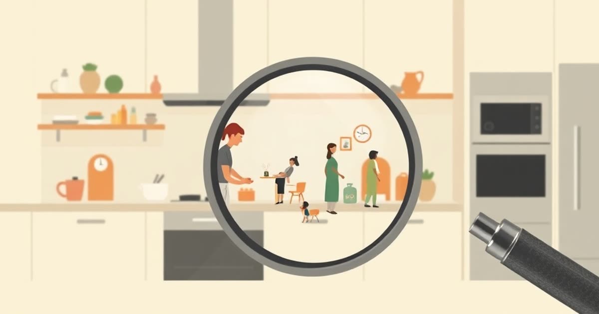 A magnifying glass revealing tiny household tasks hidden in a clean kitchen.