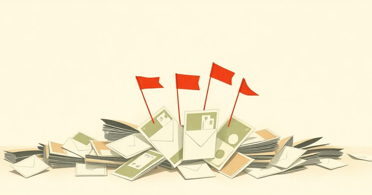 Small red flags planted in a pile of bills and envelopes on a table.
