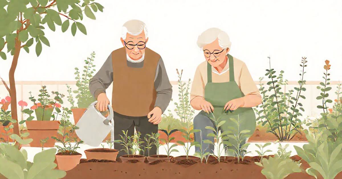 An older couple gardening together in a sunny garden, one watering plants, one planting seedlings.