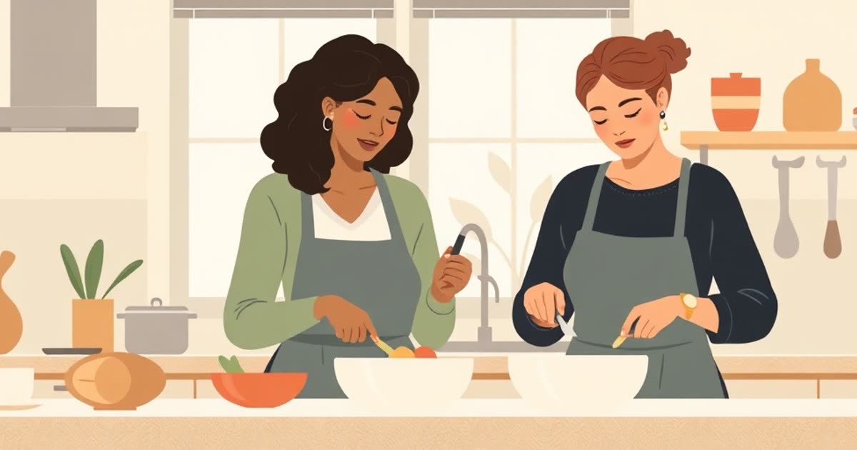 Two women cooking together in a bright kitchen, sharing tasks naturally.