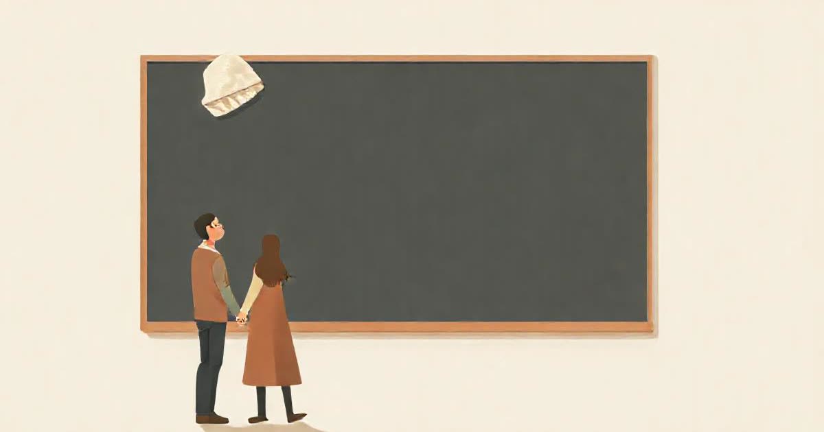 A blank chalkboard with a cloth wiping it clean, a couple holding hands in the foreground.