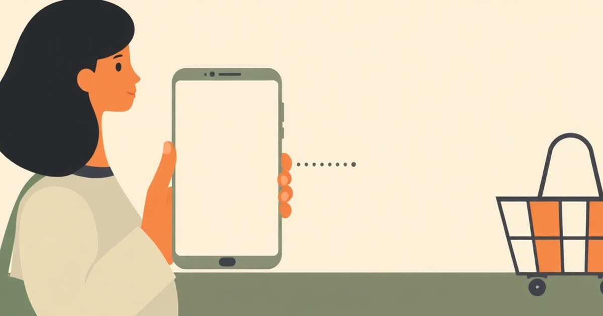 Two phones with blank screens connected by a dotted line, a shopping basket nearby.