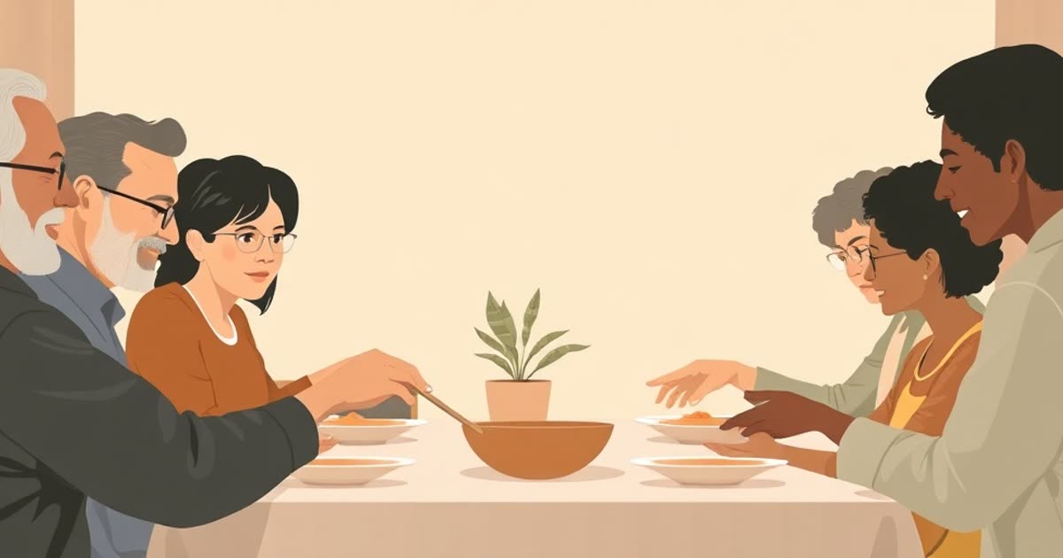 A blended family of different ages around a dinner table passing dishes.