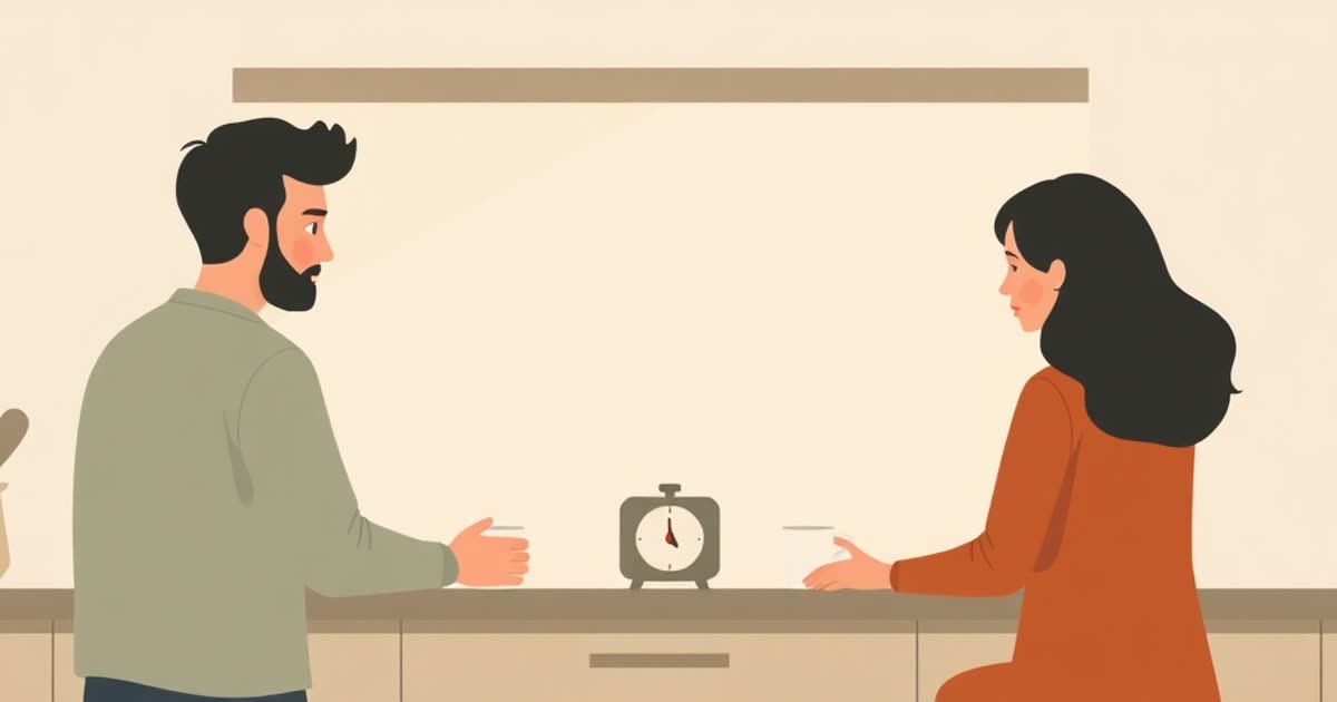 Two people at a kitchen counter with a small timer and two cups, evening light.