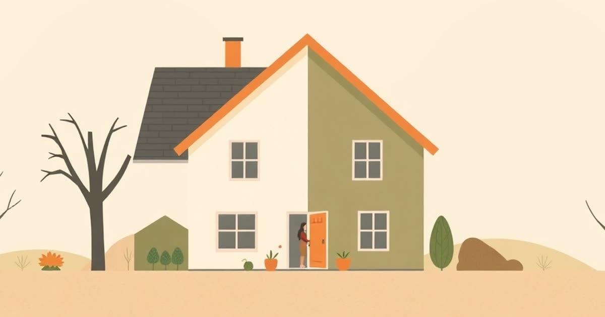 A house made of two interlocking halves in different soft colours.