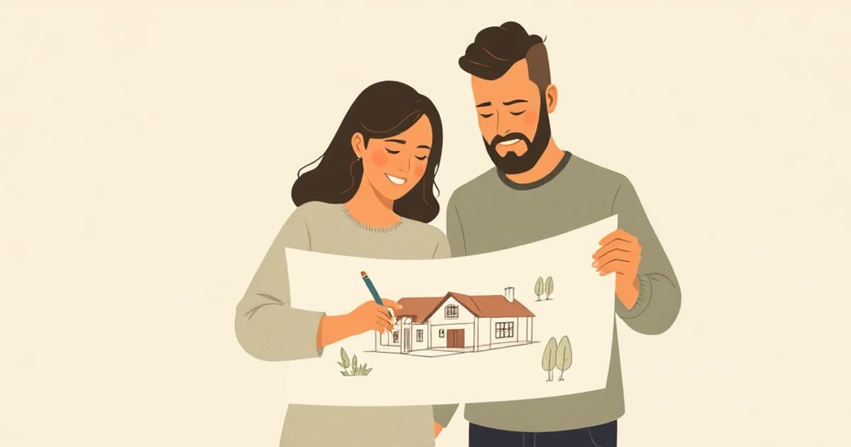 A couple sketching a blueprint of a home on paper together.