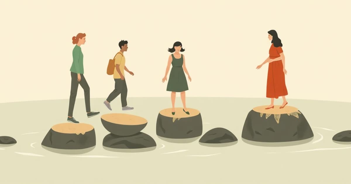 Five stepping stones across a stream leading to a balanced scale.
