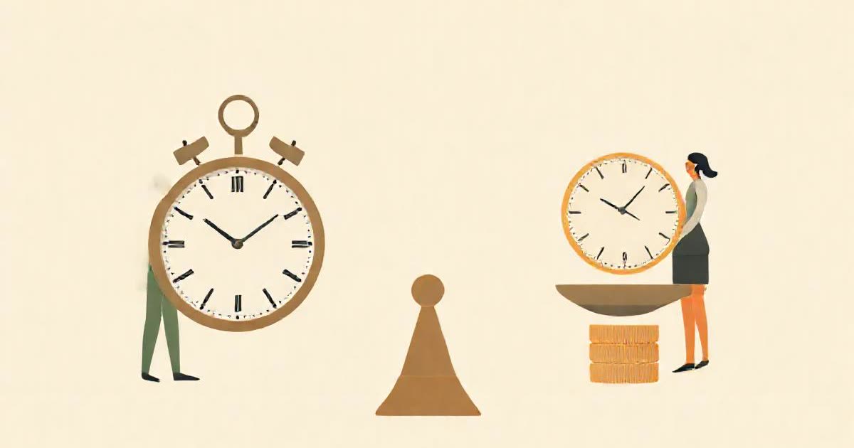 A clock and a coin on opposite sides of a balanced scale.