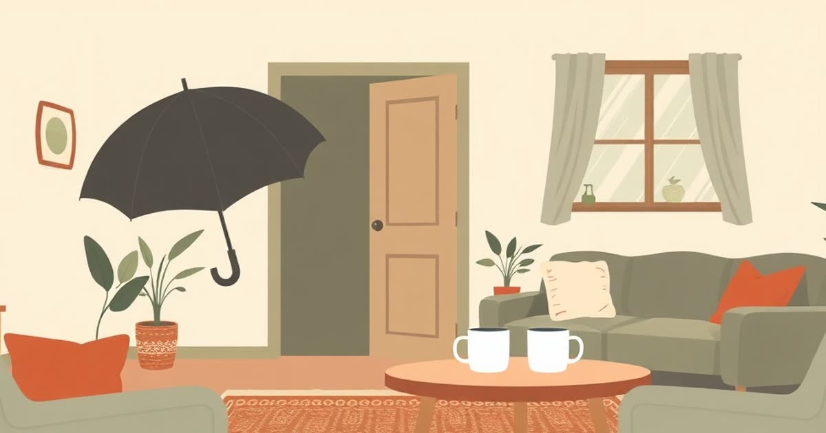 A calm living room after the storm, an umbrella drying by the door, two mugs on a table.