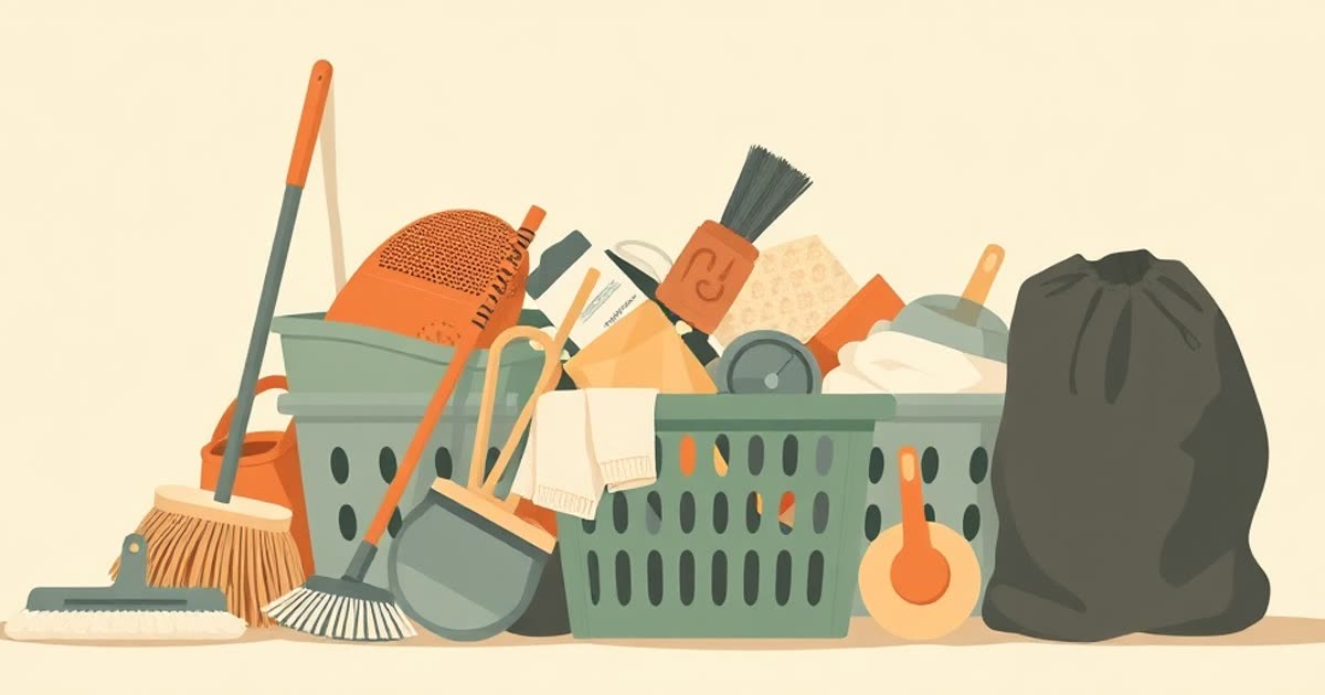 A pile of chore tools, mop, sponge, laundry basket, bin bag arranged like a still life.