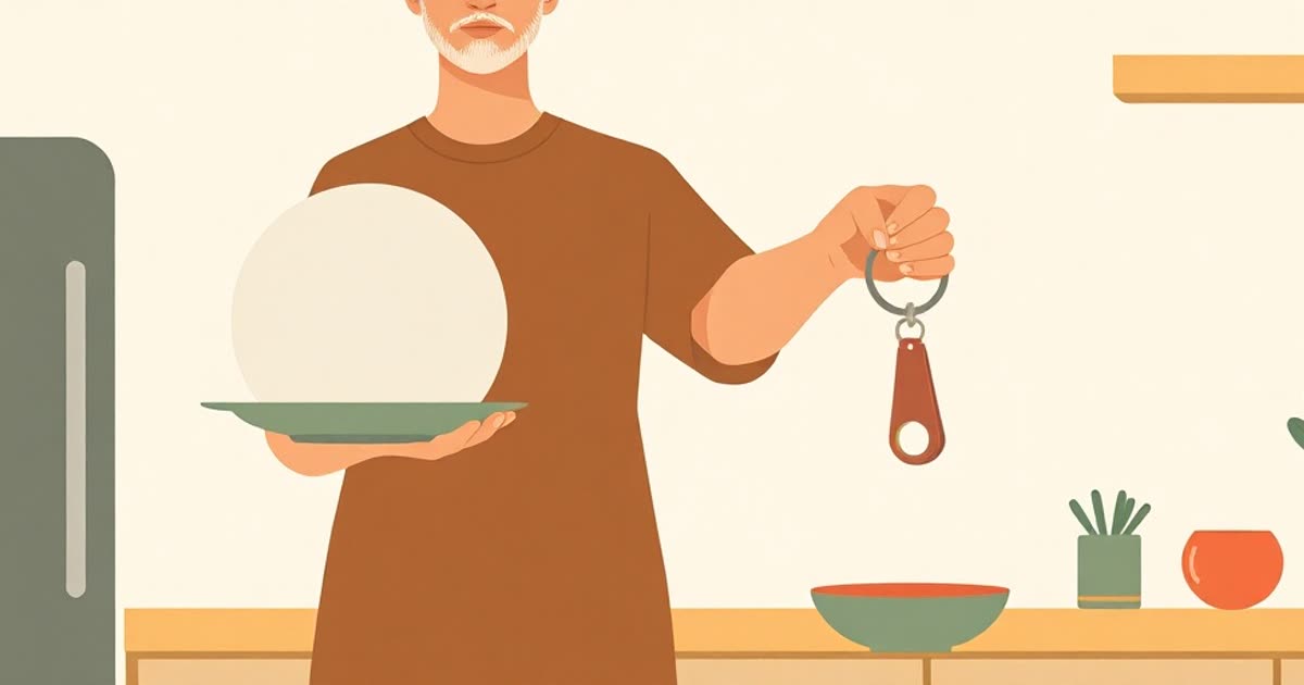 One person holding a single plate while another holds the whole kitchen key ring.