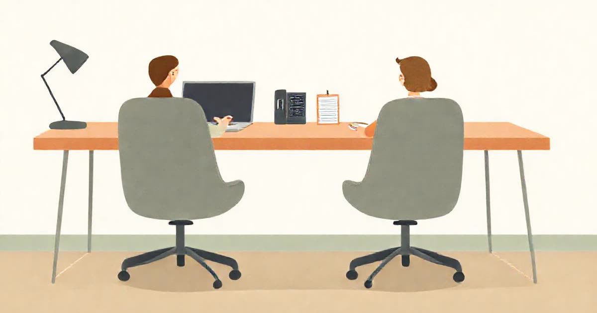 A tidy desk with a laptop, a phone and a household planner, two chairs side by side.