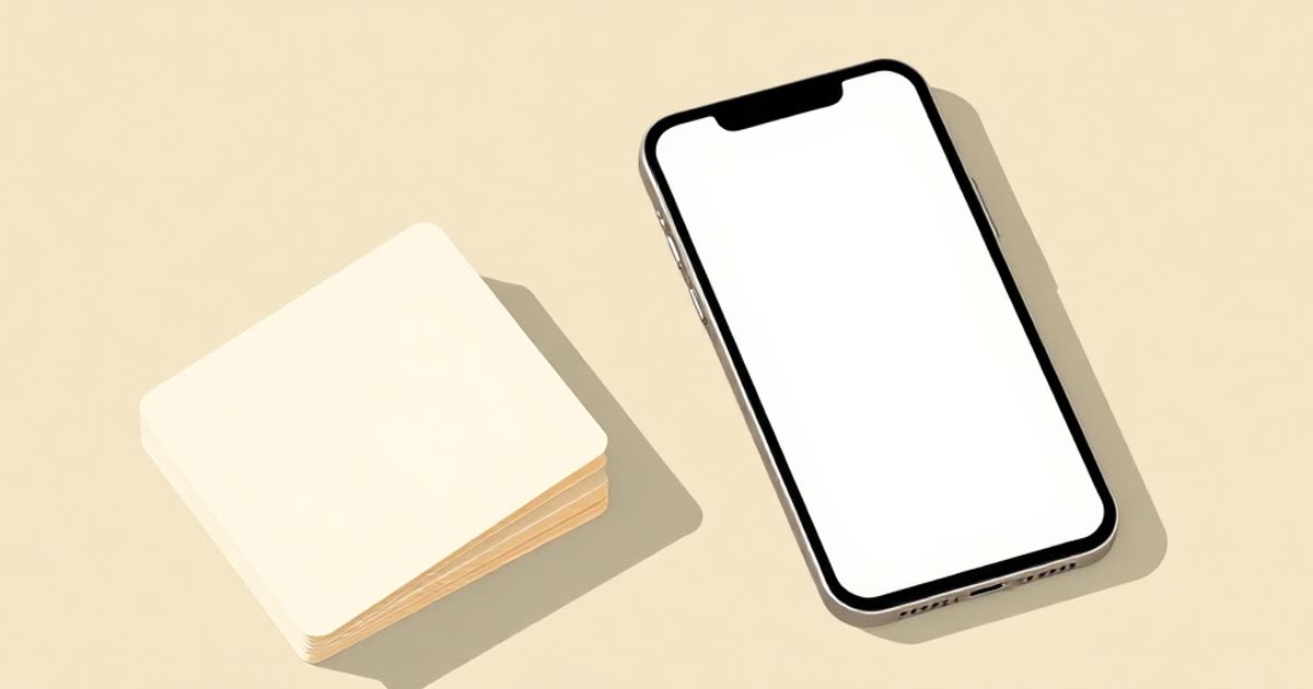A deck of blank cards on a table next to a phone with a blank screen.