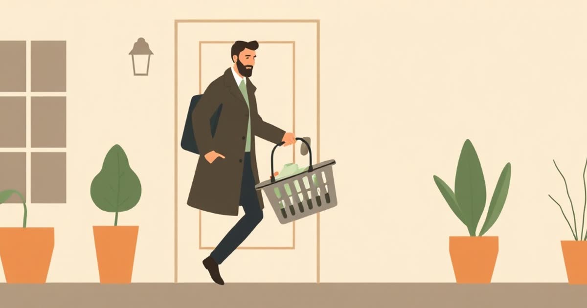 A person arriving home from work in a coat and immediately picking up a laundry basket, evening.