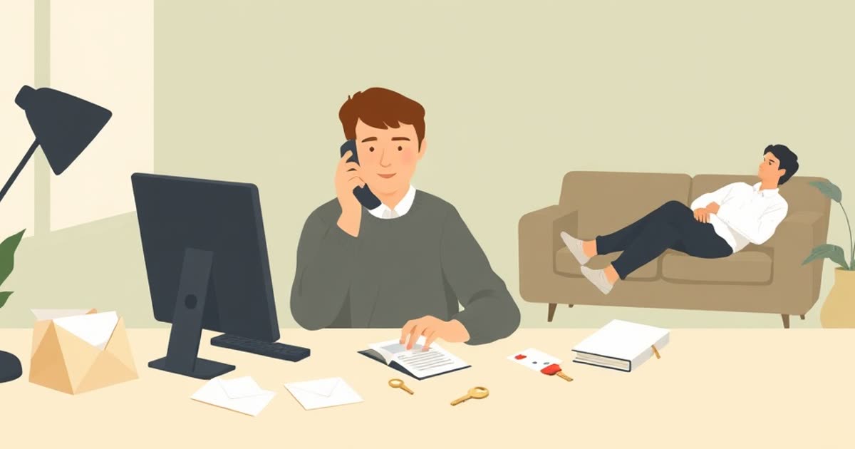 A person on the phone at a desk surrounded by envelopes, tickets and keys, a partner relaxing in the background.