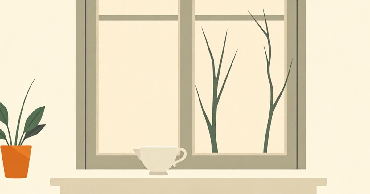 A cup of tea going cold on a windowsill while one person stares out of the window.