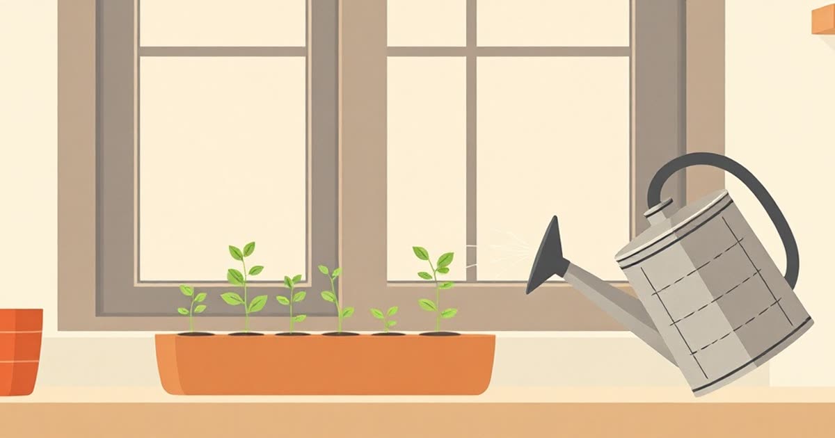 Small seedlings sprouting from a kitchen windowsill planter, watering can.