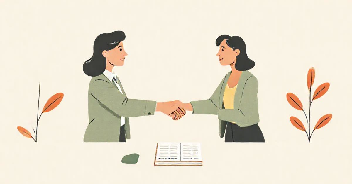 Two people shaking hands over a table with a budget notebook.