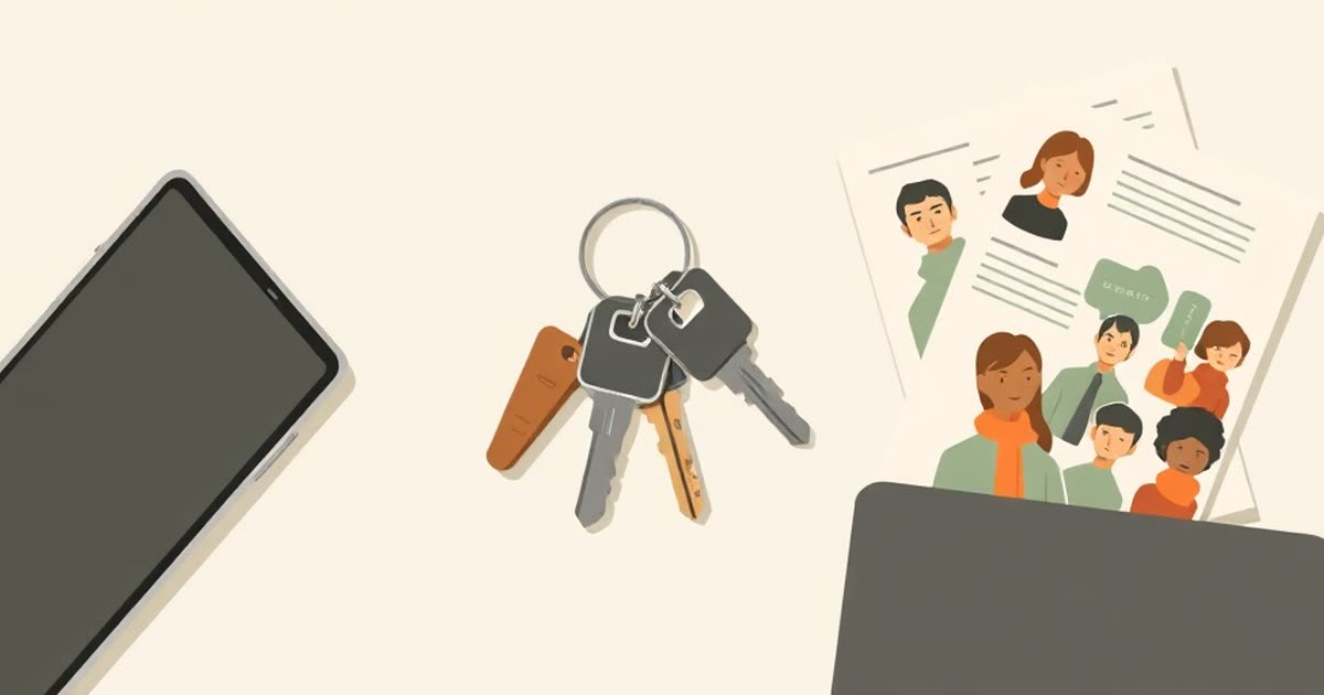 Two sets of keys on one key ring beside a phone and receipts.