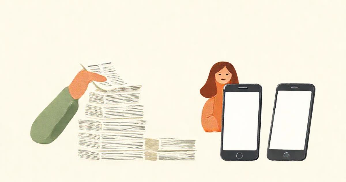 A stack of receipts being sorted into two piles, a phone with a blank screen beside.