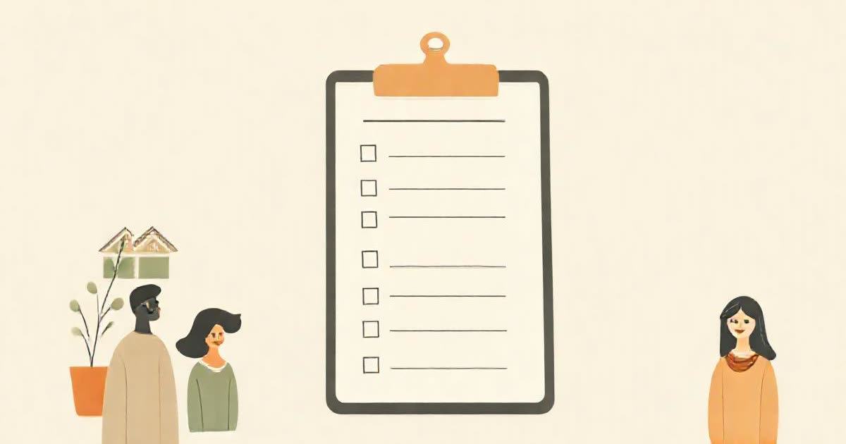 A large clipboard with a long checklist and household icons beside blank boxes.