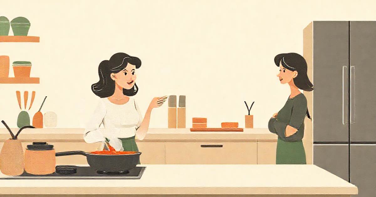 A kitchen with a burnt pan and a partner shrugging while the other looks on patiently.