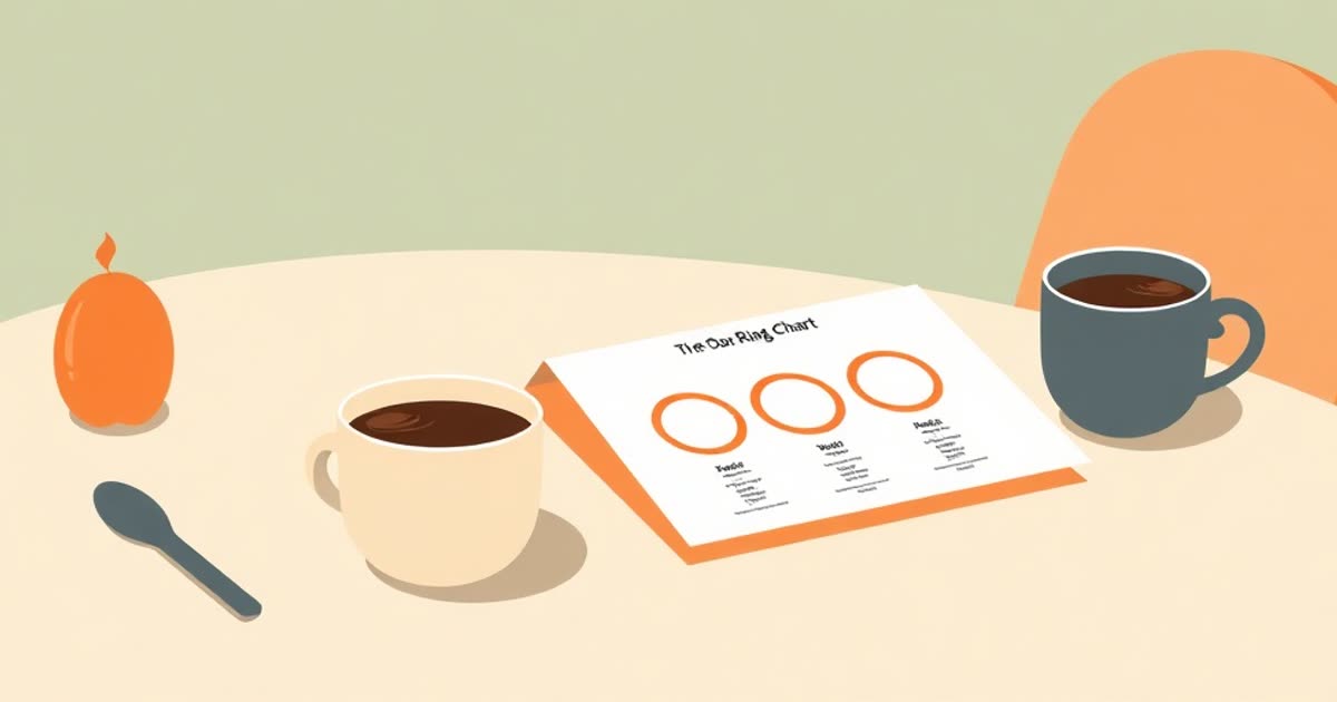 A breakfast table with coffee and a folded card showing a simple two-colour ring chart.