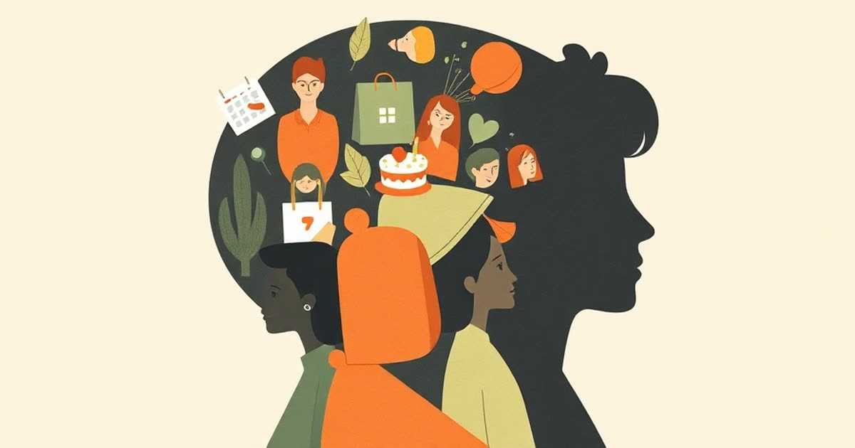 A head silhouette filled with small household icons: calendar, shopping bag, toothbrush, birthday cake.