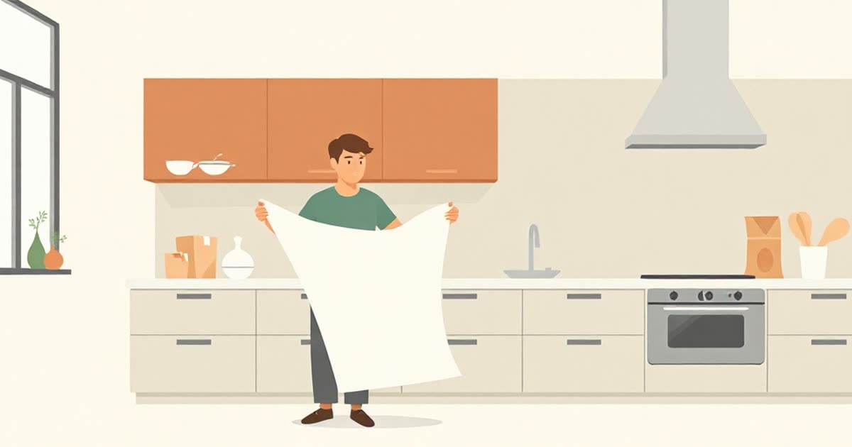 One person holding a very long scroll of paper while the other stands beside them with empty hands, in a kitchen.