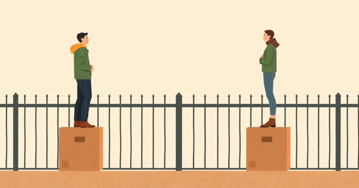 Two people of different heights each standing on boxes of different heights so they see over a fence equally.