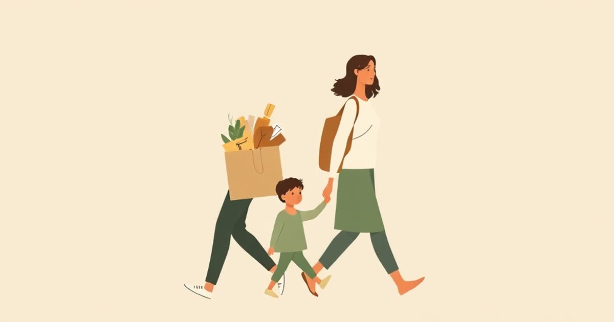 A mother holding a child's hand and carrying a bag overflowing with household items, a father walking beside them.