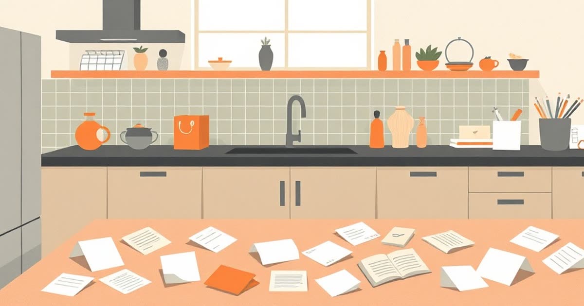 Scattered sticky notes and crumpled paper lists across a kitchen counter.