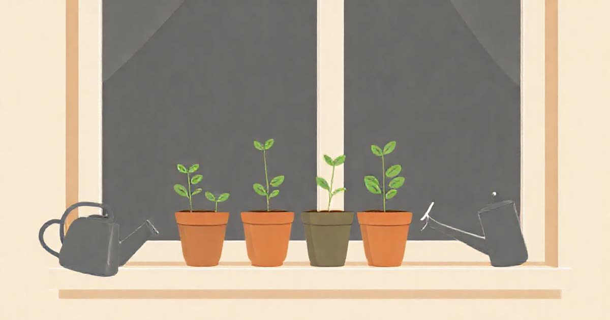 Four plant pots on a windowsill showing a seedling growing taller in each, watering can.