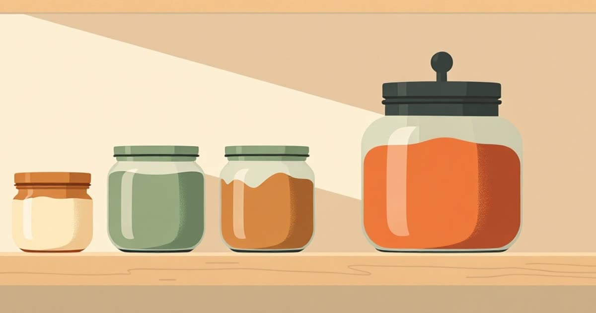 Three jars on a shelf: two small ones in different colours and a larger shared one.