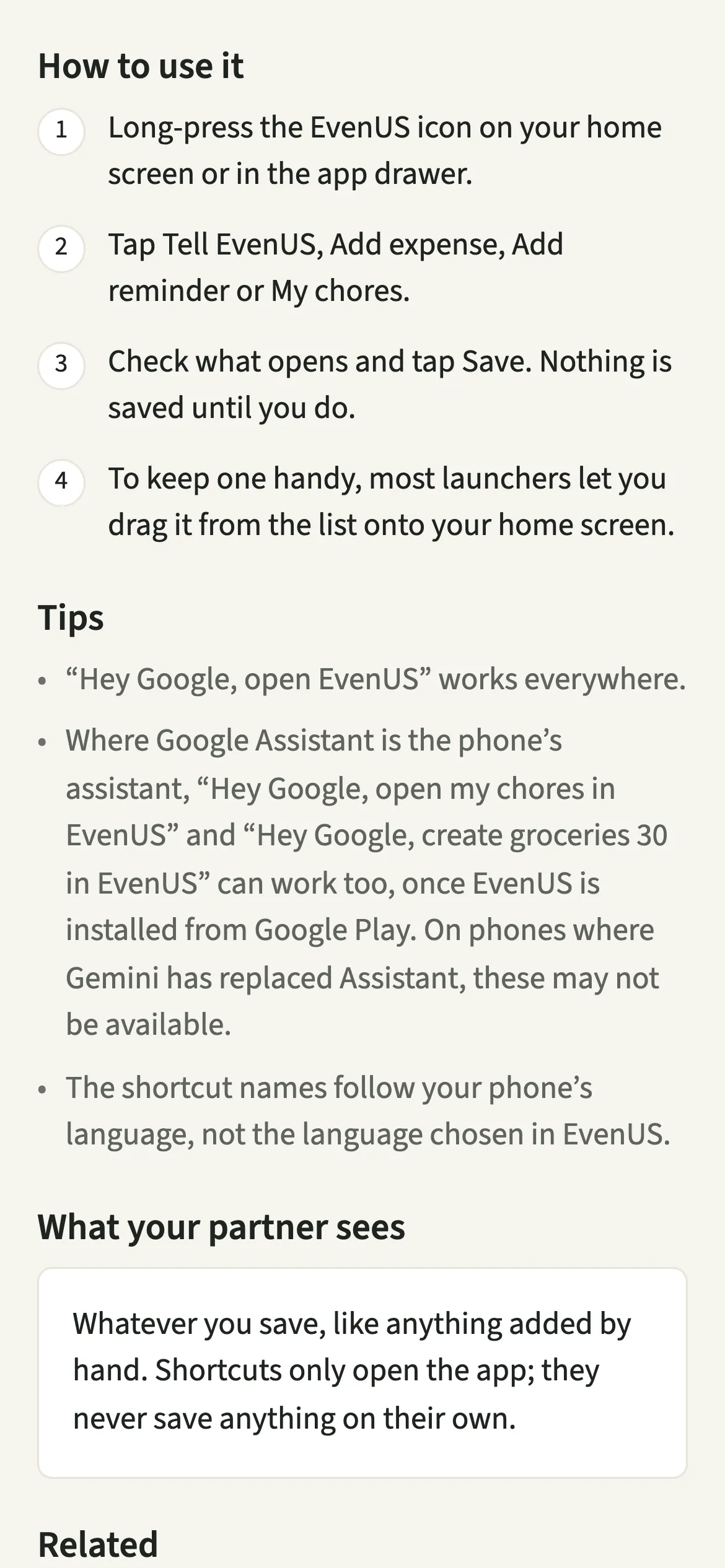 The EvenUS guide for Android shortcuts: long-press the icon, then Tell EvenUS, Add expense, Add reminder or My chores