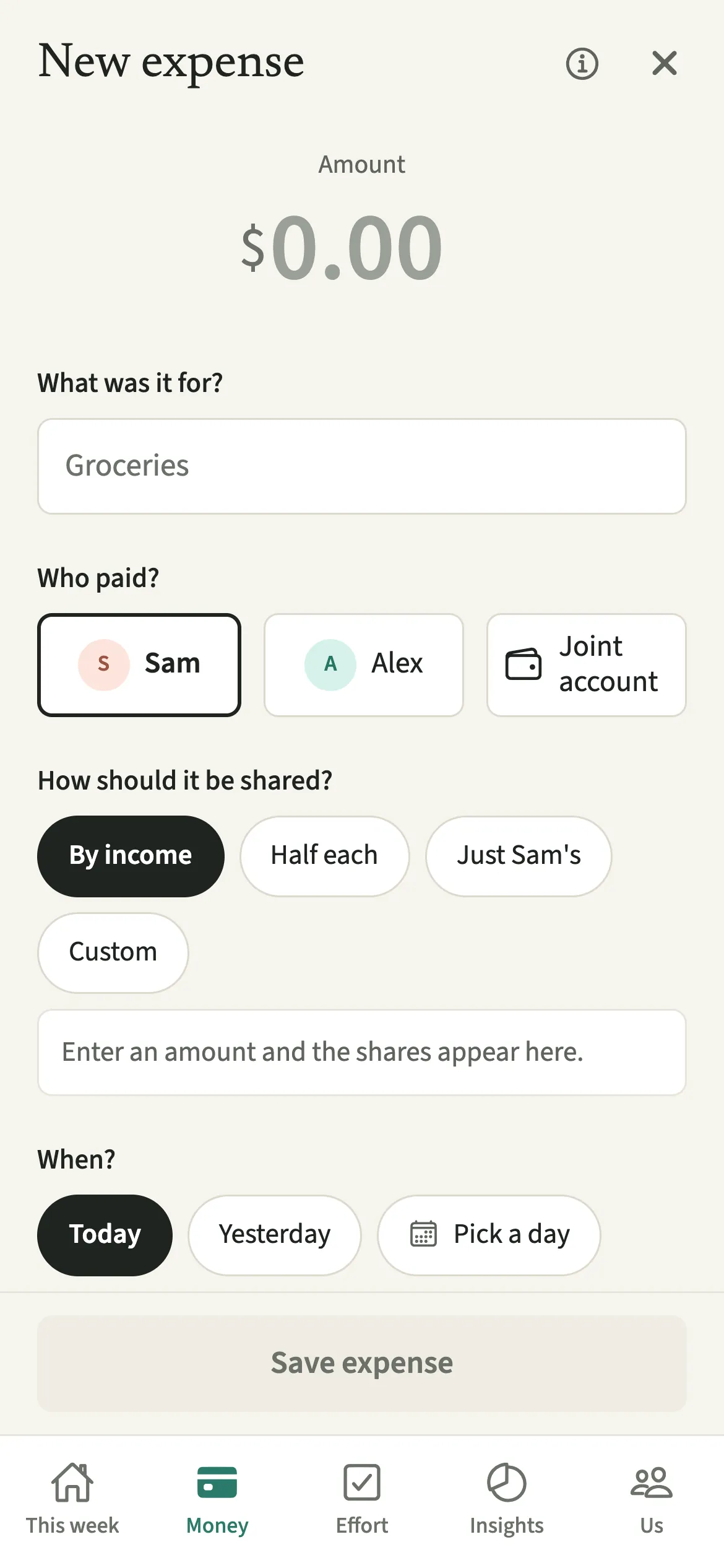 The EvenUS new expense form for Sam, with today’s date, Sam as payer and the split set to By income