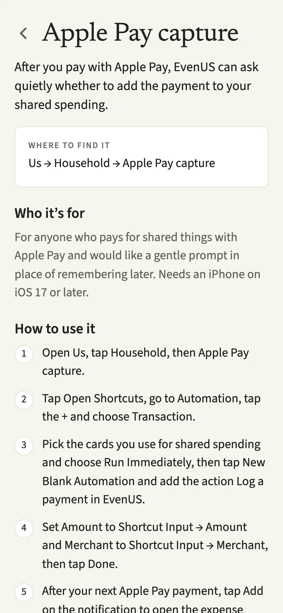 The EvenUS guide for Apple Pay capture: where to find it, that it needs iOS 17 or later, and the Shortcuts automation steps