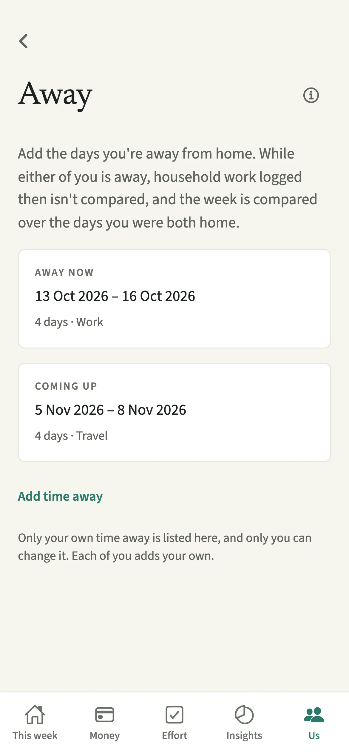The EvenUS Away screen listing a work trip marked Away now and a trip coming up, with dates, number of days and the Add time away button
